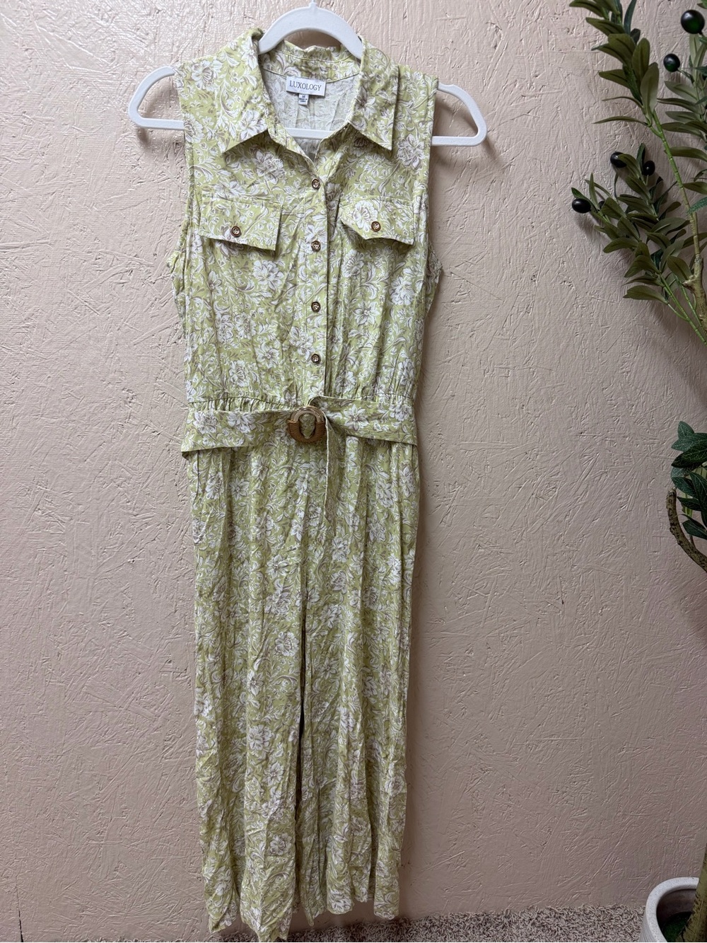 Luxology Sleeveless Floral Utility Jumpsuit in Light Sage